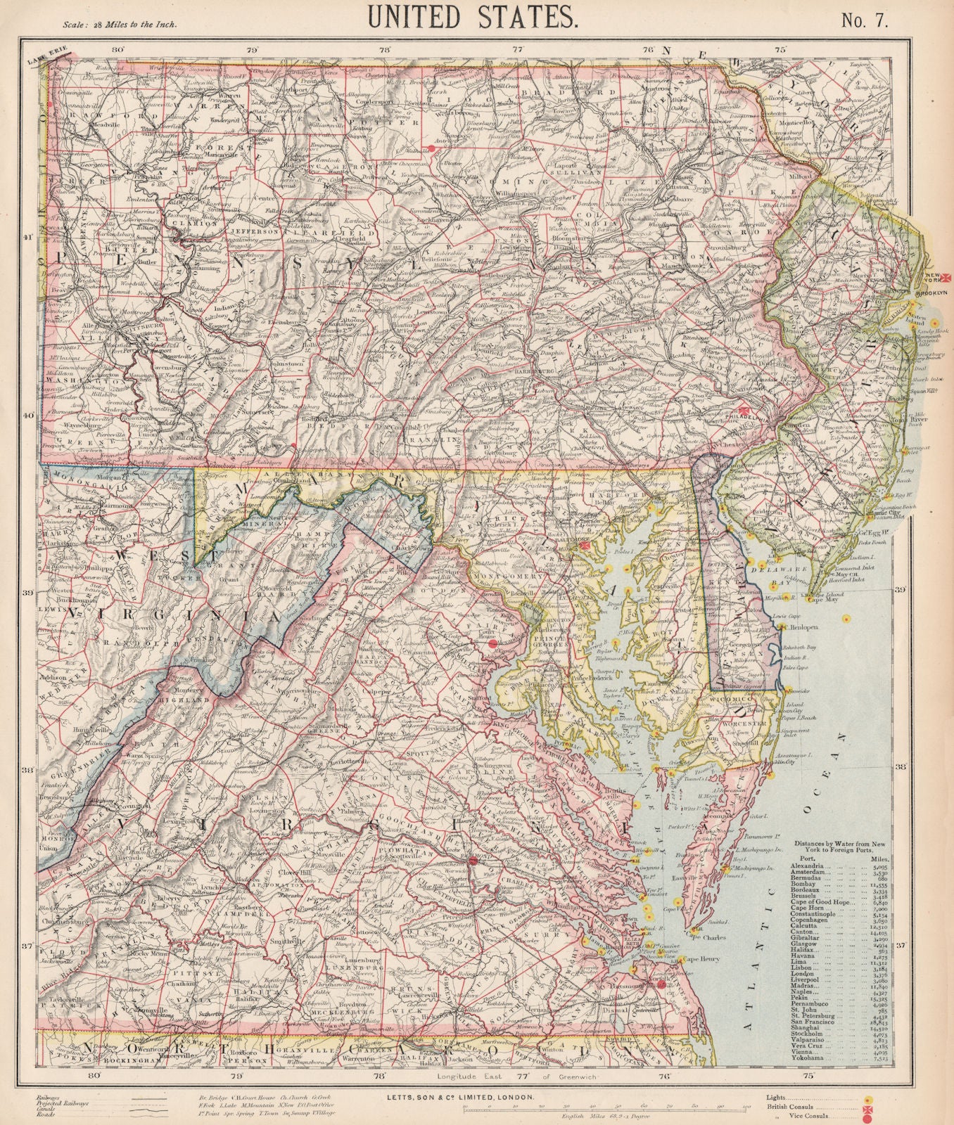 MID-ATLANTIC STATES. Pennsylvania NJ Maryland Delaware Virginia. LETTS 1889 map